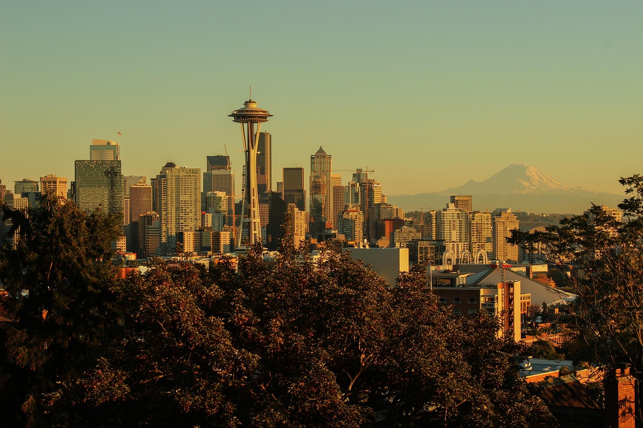 city, skyline, cityscape, downtown, building, buildings, urban, architecture, panorama, sunset, nature, skyscraper, travel, night, sunrise, skyscrapers, tower, usa, canada, seattle, space, needle, kerry park, rainier, mount rainier