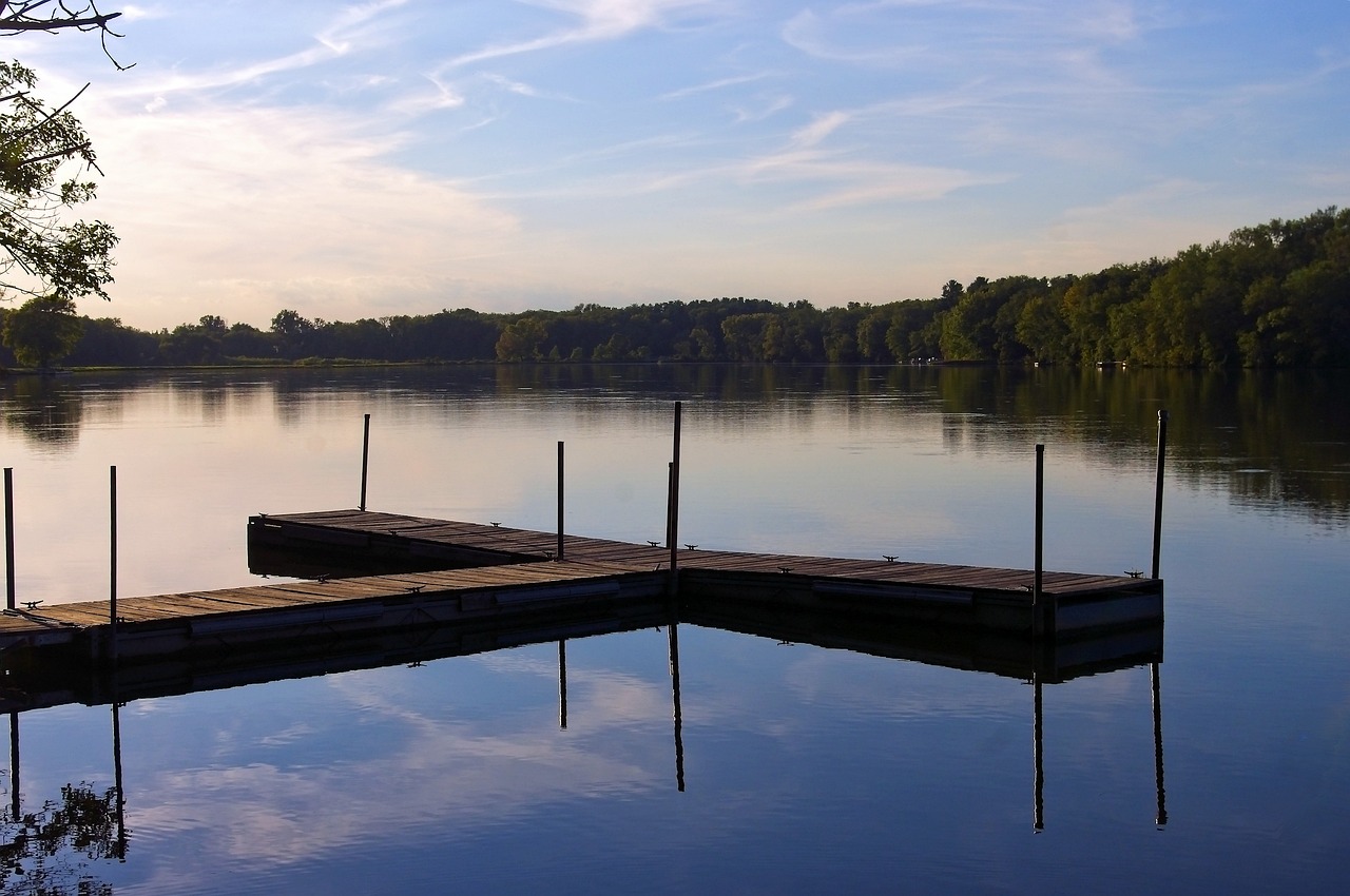 beeds lake dock, lake, blue sky, pier, water, nature, sky, outdoors, clouds, sunset, summer, scenic, blue, calm, silence, beeds lake state park, iowa, twilight, blue calm