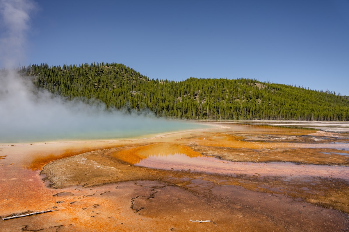 Steaming colorful hot spring with green forested hill.