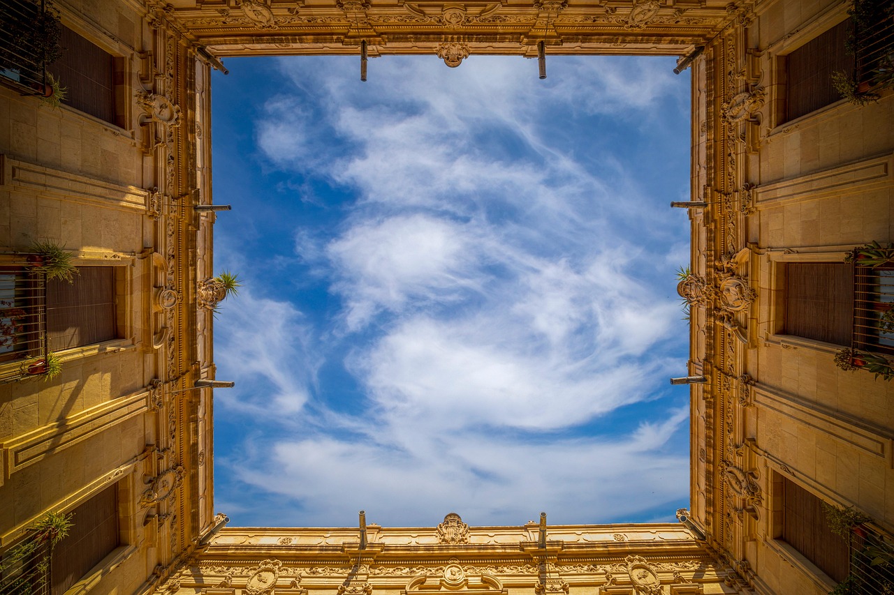 building, architecture, sky, nature, palace, baroque architecture, murcia, spain, episcopal palace, frame, atrium, cloister, historical architecture
