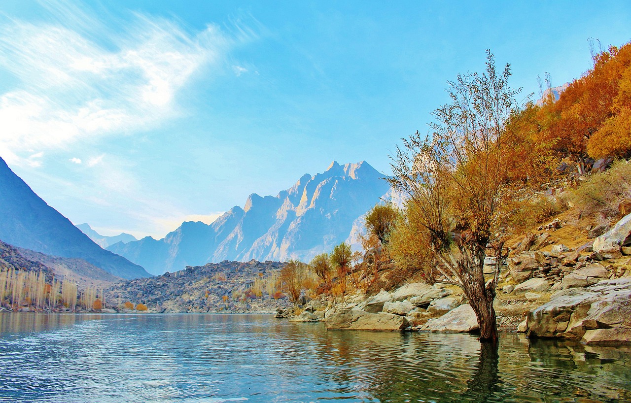tree, lake, pakistan, nature, landscape, forest, travel, autumn, hill, valley, rock, peak, water, yellow, asia, adventure, colorful, mountains, karakorum, blue, upper kachura lake, skardu, indus river, shangrila lake, blue forest, blue river, blue rock, blue lake, pakistan, pakistan, pakistan, pakistan, pakistan