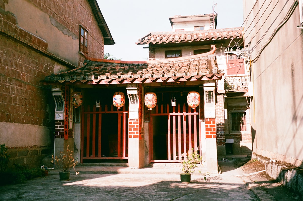 Traditional building entrance with hanging lanterns