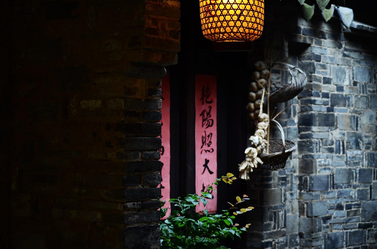 ancient town, small bridge and flowing water, lantern