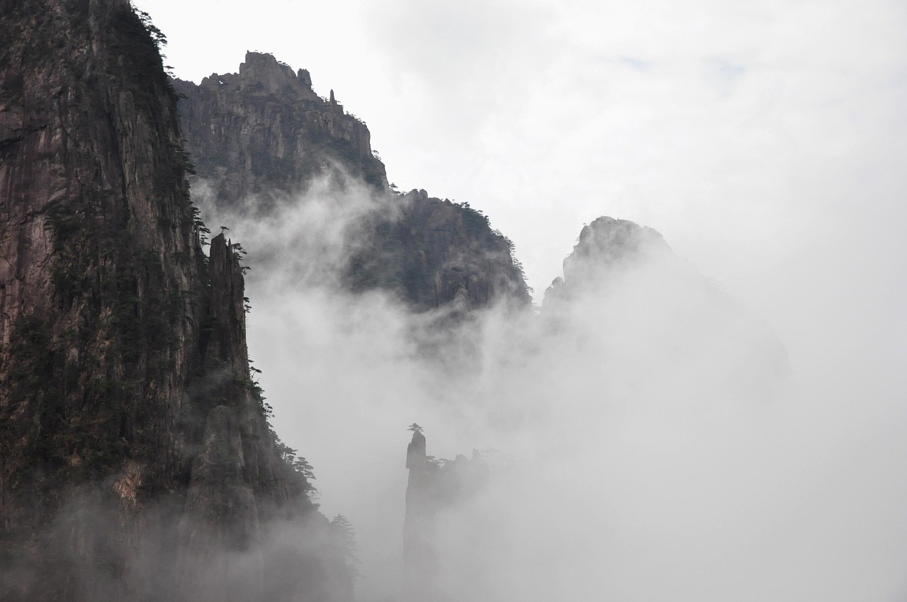 nature, mountain, landscape, rock, travel, huangshan, china, sea of clouds, cloud sea, ink, spring outing, artistic conception, clouds, black and white, natural, white cloud, views, the scenery, sky, huangshan, huangshan, china, china, china, china, china, ink