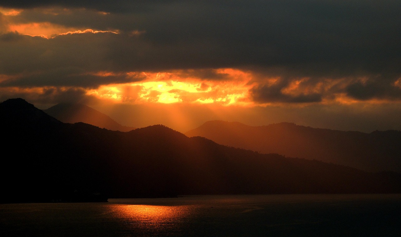 sunset, island, silhouette, mountains, mountain range, bay, sea, ocean, nature, sunlight, dusk, dark, scenery, scenic