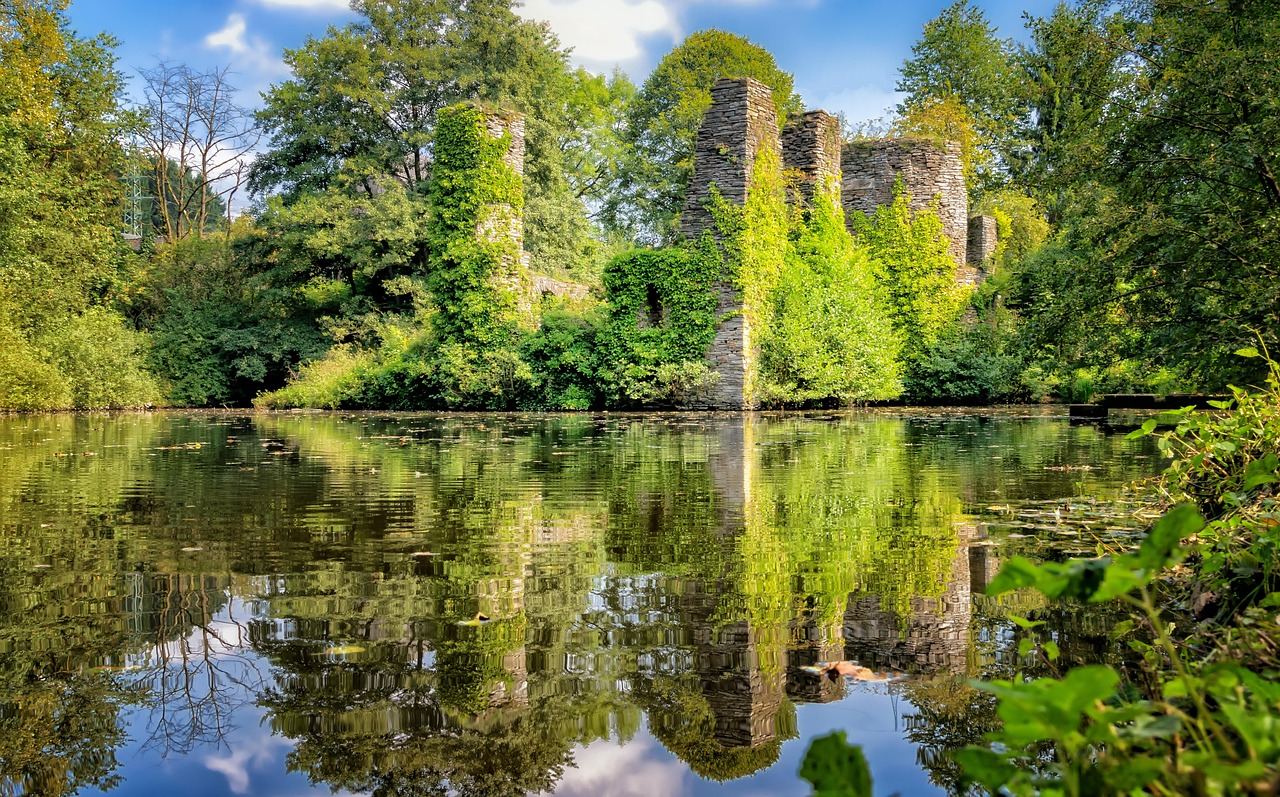 castle, ruin, wasserburg, nature, middle ages, water, lake, reflection, heaven, castle wall, masonry, lindlar, burg eibach, germany, historical, castle ruins, knight's castle, old, wall, natural stone wall