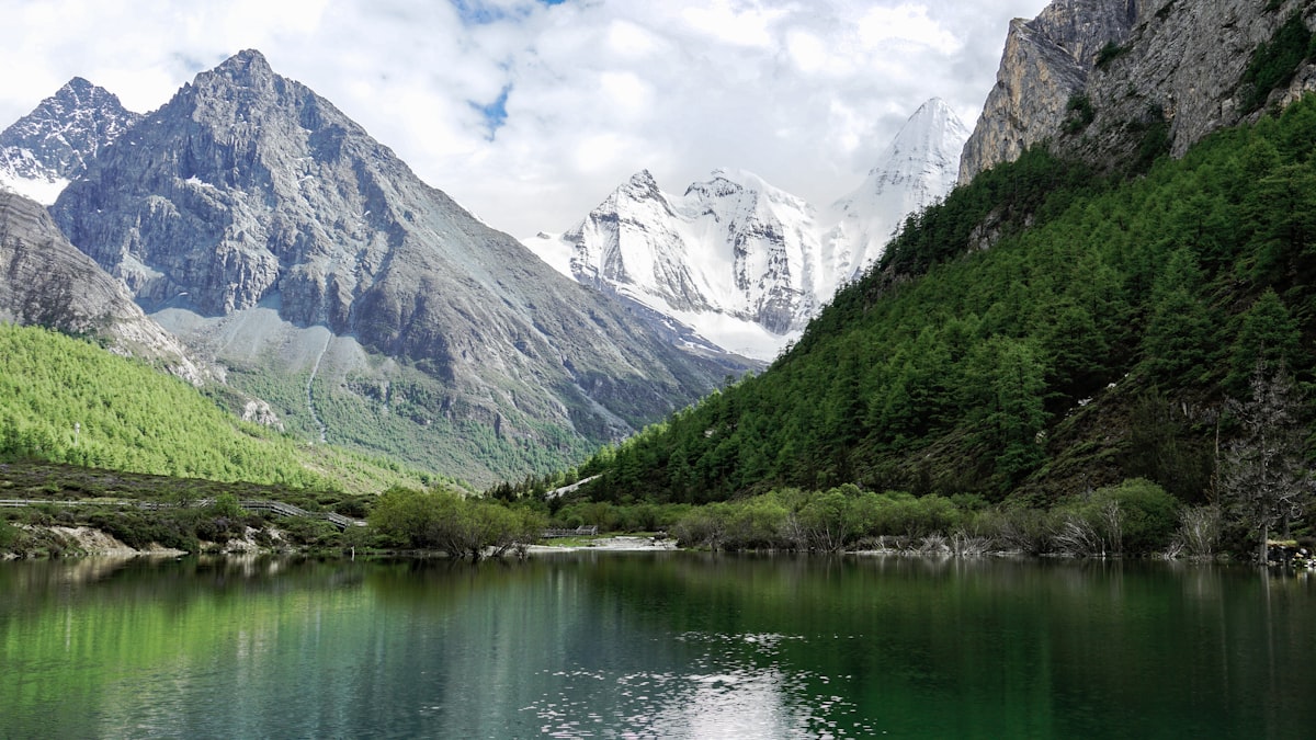 Snow-capped mountains overlook a serene lake and green forest.
