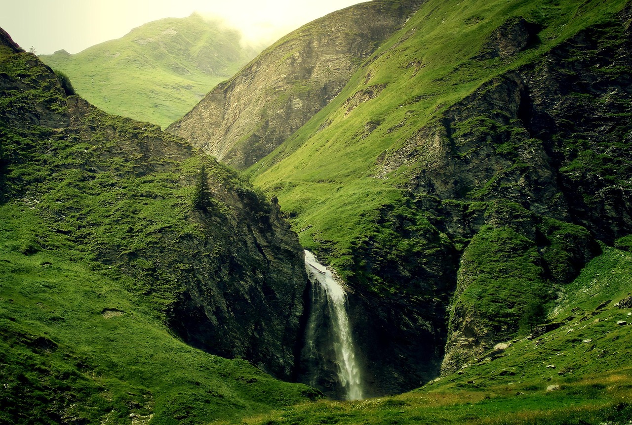 mountains, alps, waterfall, green, light, sun, landscape, nature, panorama, summer, grasslands, waterfall, waterfall, waterfall, waterfall, waterfall