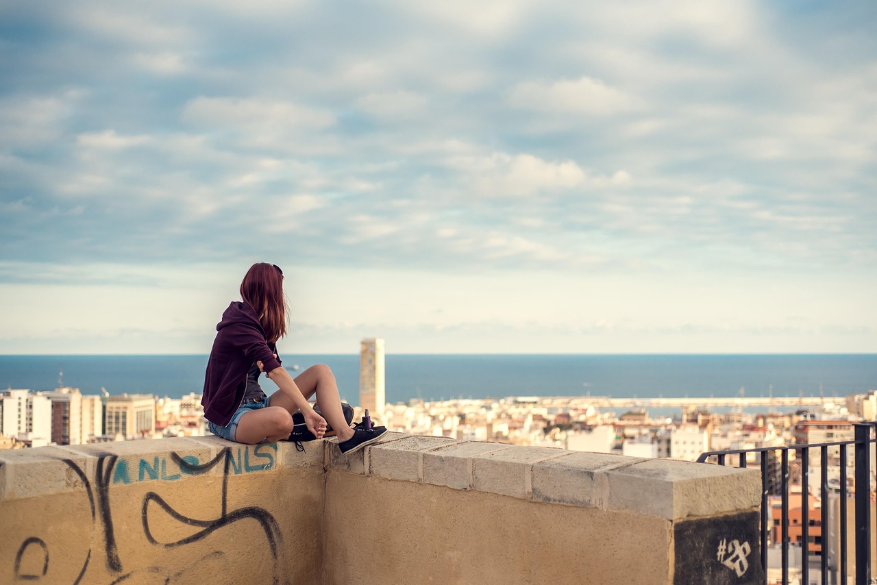 spain, alicante, sea, girl, city, panorama, castillo, santa bárbara, clouds, graffiti, young, summer, nature, sunset, hair, red, chestnut