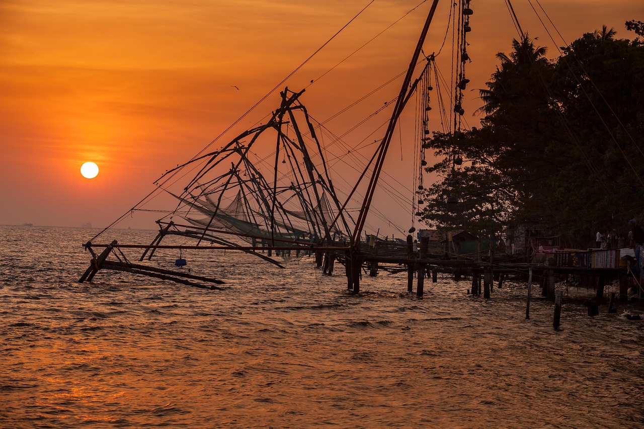 fishing nets, india, sunset, kochi, kerala, fishing, sea, ocean, chinese fishing nets, nets, water, nature, village, sun, sunlight, dusk, evening