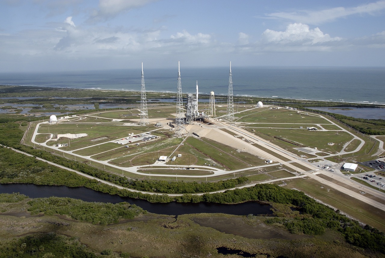 cape, canaveral, florida, nasa, nature, outside, launch pad, aerial view, sea, ocean, water, grass, plants, scenic, sky, clouds