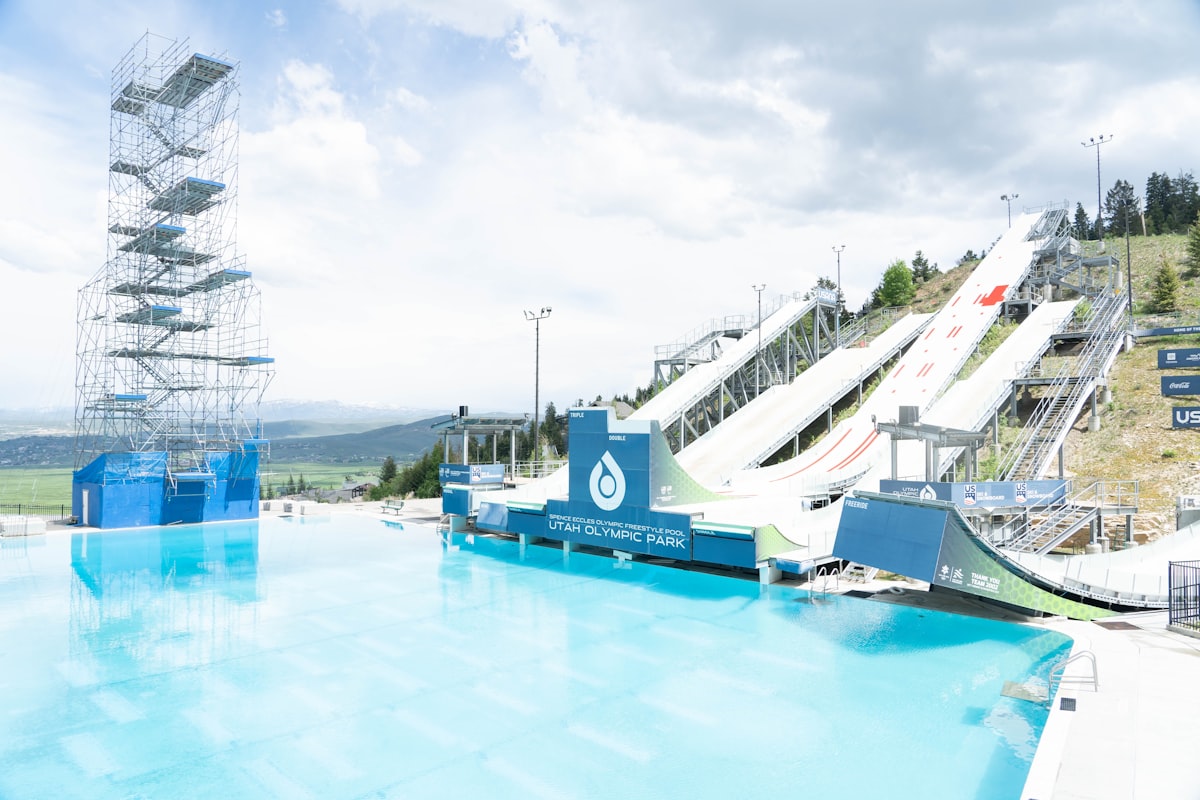 Ski jump ramps and water feature are shown.