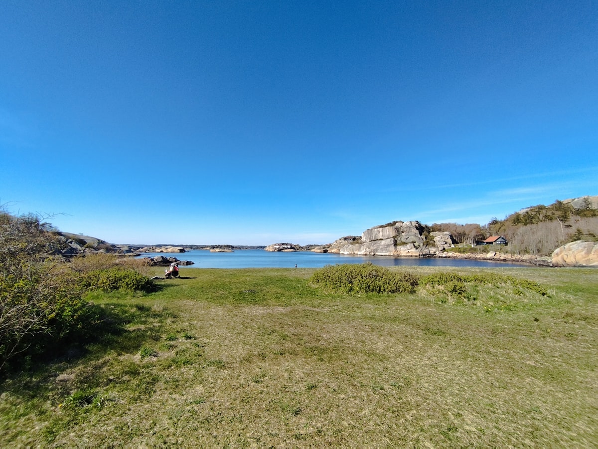 A panoramic view of a grassy area with a body of water in the