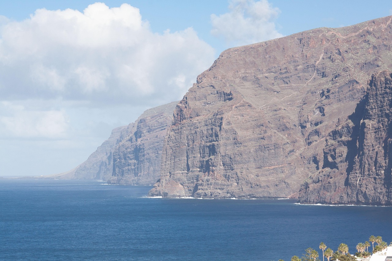 cliffs, cliff, going on gigantes, tenerife, santiago del teide, west coast, sea, outlook, spectacular, acantilados de los gigantes, nature, palm trees, blue, white, brown