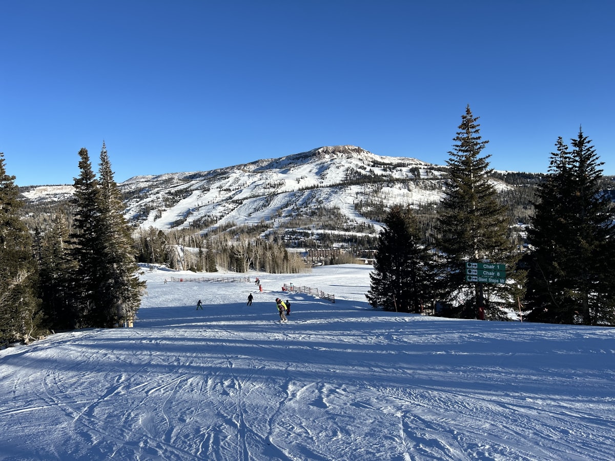A snow covered ski slope with a mountain in the background