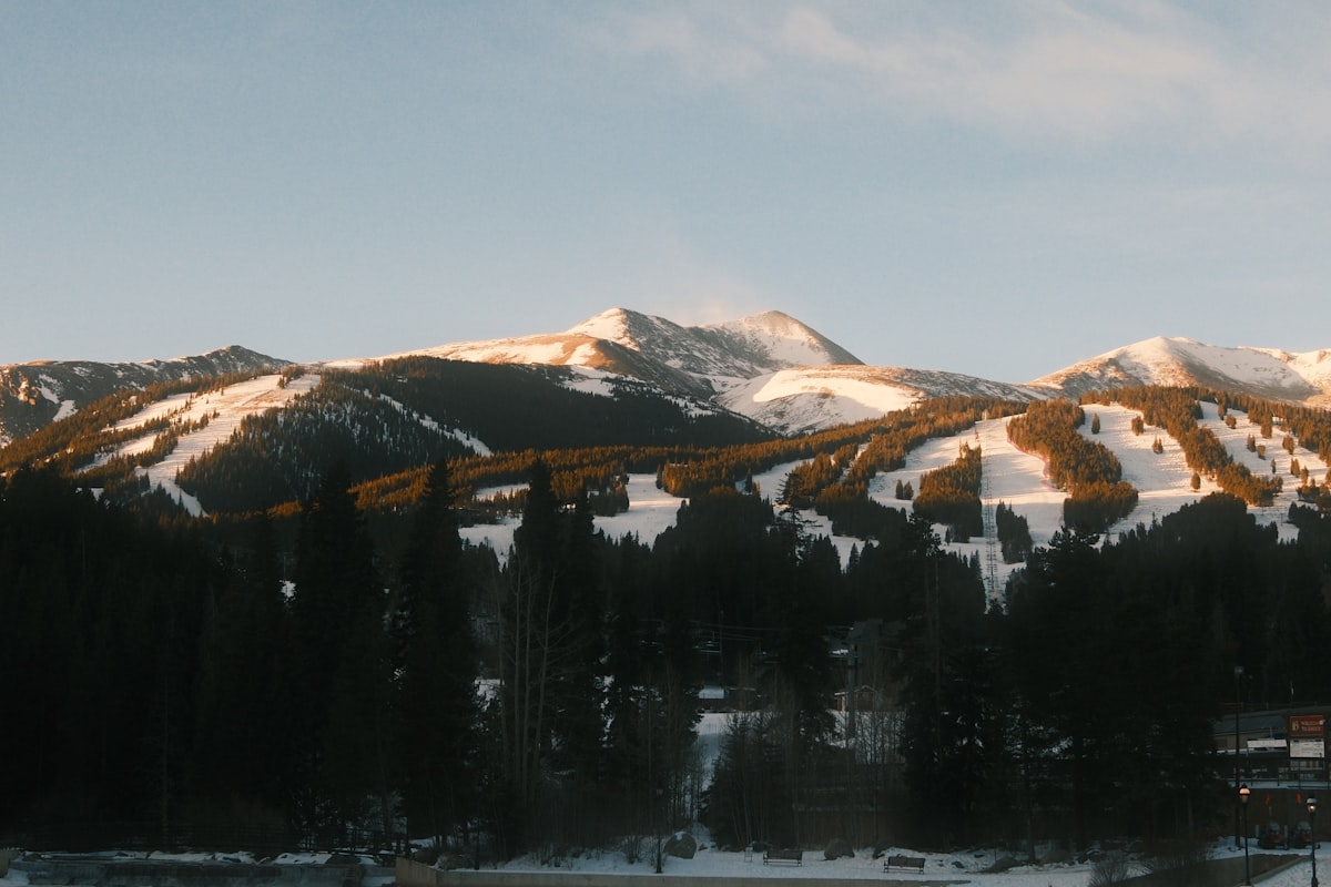 Snowy mountain range with ski slopes and trees