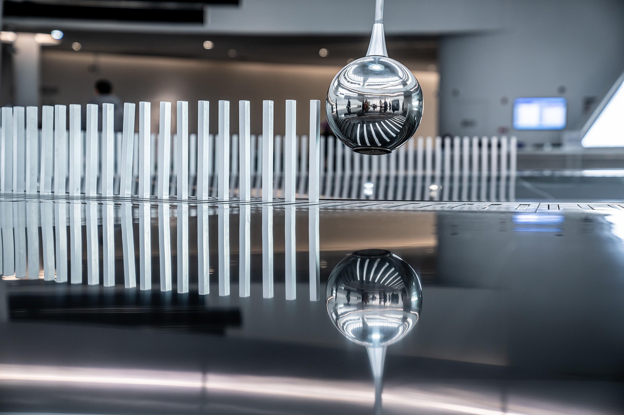 foucault pendulum, sphere, metal, science, art, museum