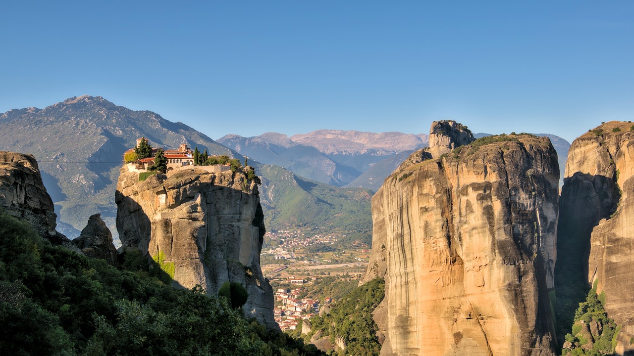 meteora, monastery, mountains, rock, rock formation, landmark, rock monastery, greece, greek, orthodox, landscape, floating monasteries, mountain range, places of interest, nature, to travel