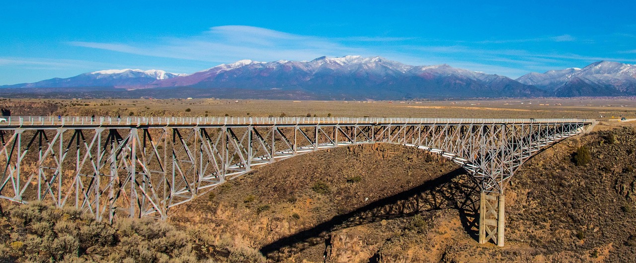 bridge, river, architecture, landscape, historic, nature, taos, clouds, gorge, mountains, afternoon