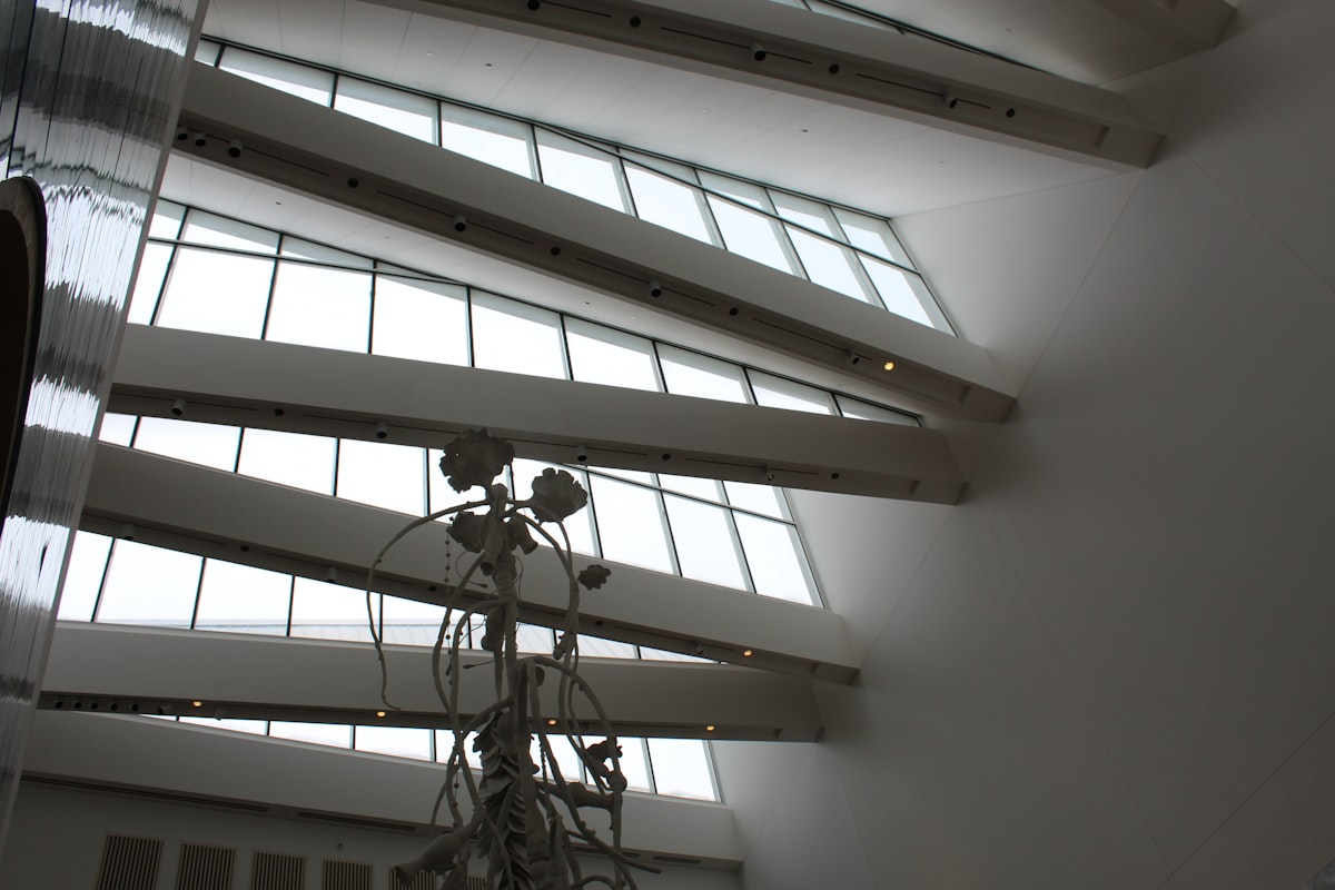 a ceiling with multiple windows and a chandelier hanging from it