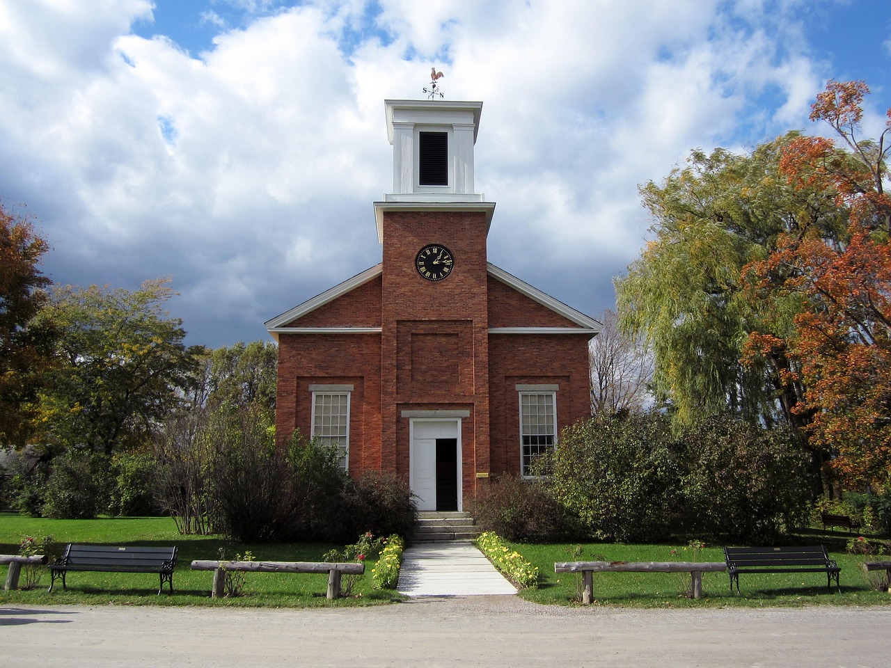 vermont, flower background, shelburne, beautiful flowers, building, meeting house, brick, landmark, historical, sky, flower wallpaper, clouds, trees, grass, lawn, sidewalk, flowers, fall, autumn, nature, outside, country, countryside, scenic