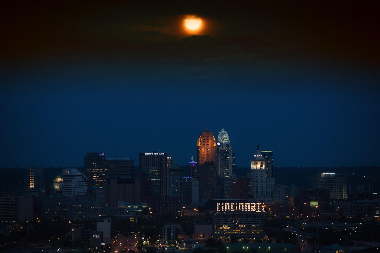 cincinnati, ohio, skyline, city, urban, night, evening, buildings, architecture, moon, lights, cities, blue moon, cincinnati, cincinnati, cincinnati, cincinnati, cincinnati