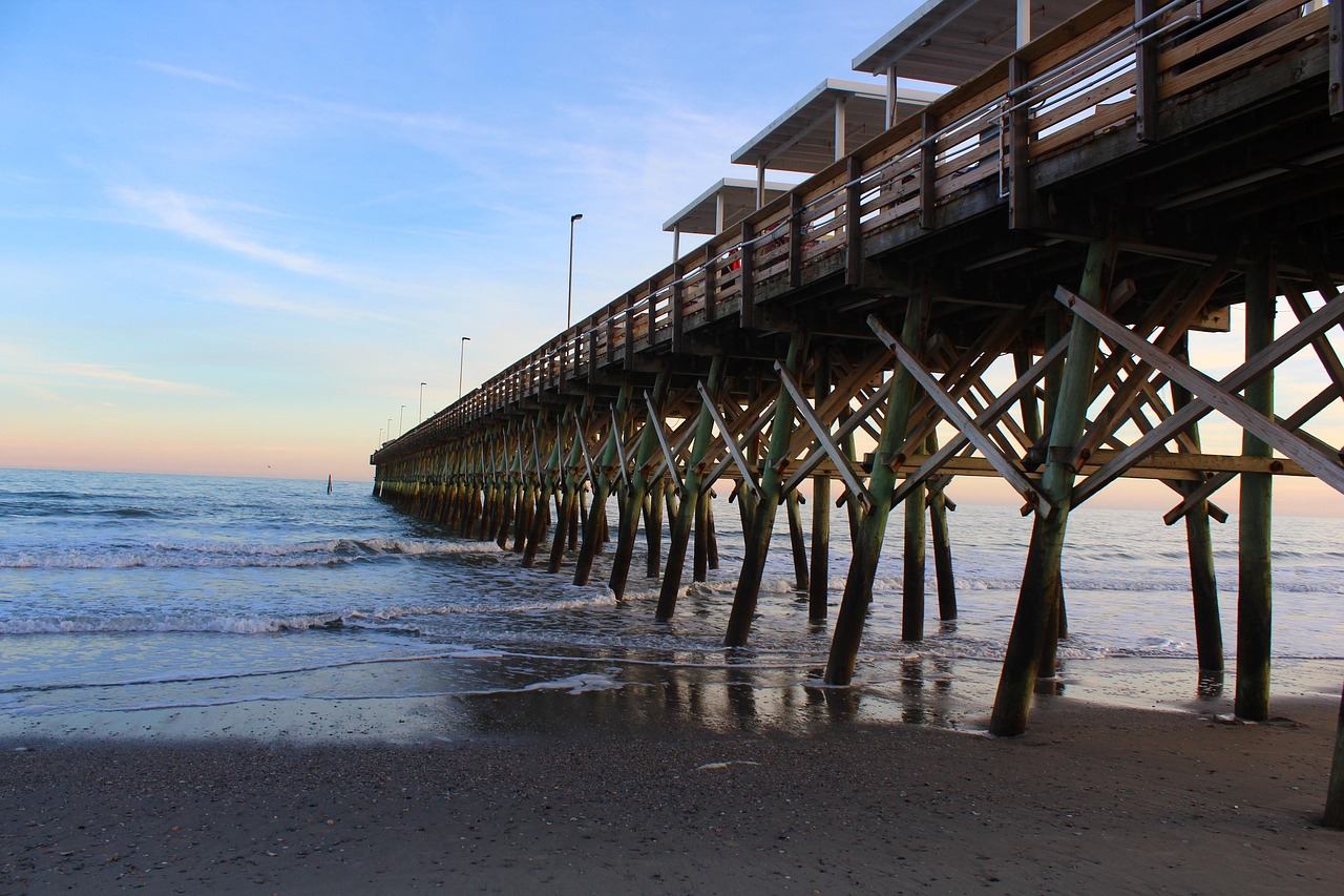 boardwalk, pier, bridge, water, ocean, beach, sunset, sky, nature, relax