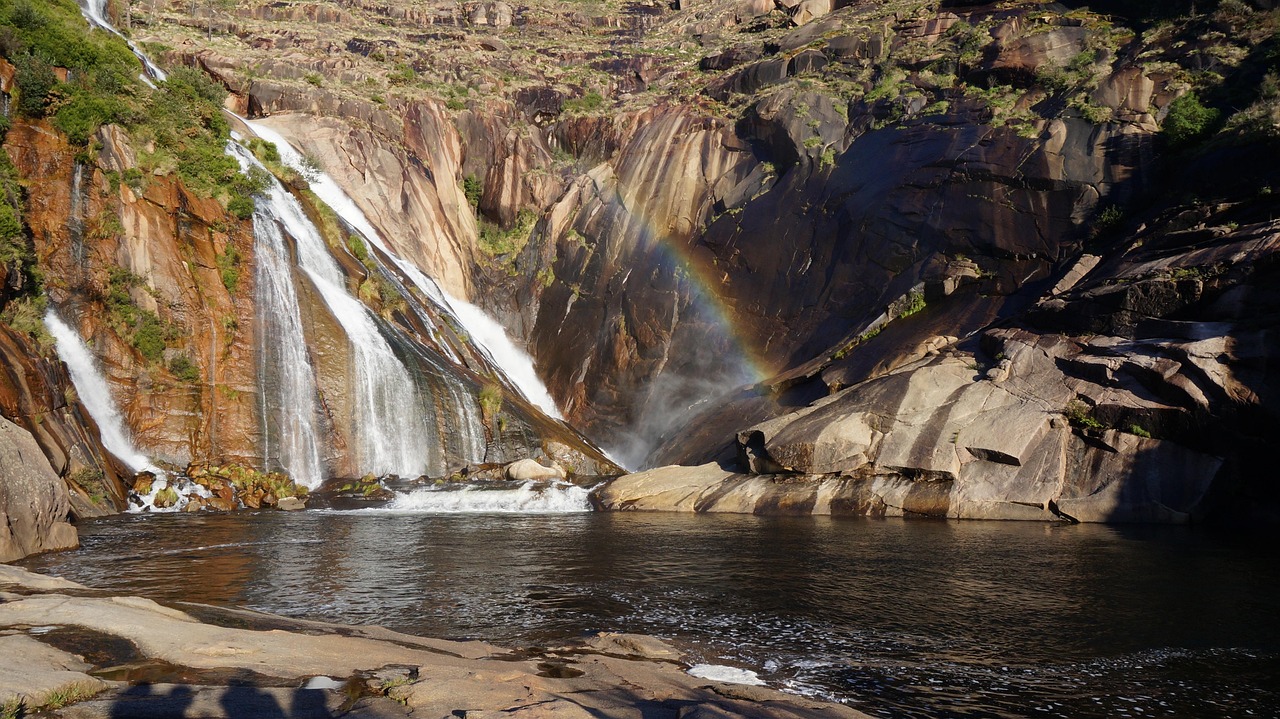 waterfall, fervenza xallas, fervenza do ézaro, sunset, galicia, nature, landscape, rainbow