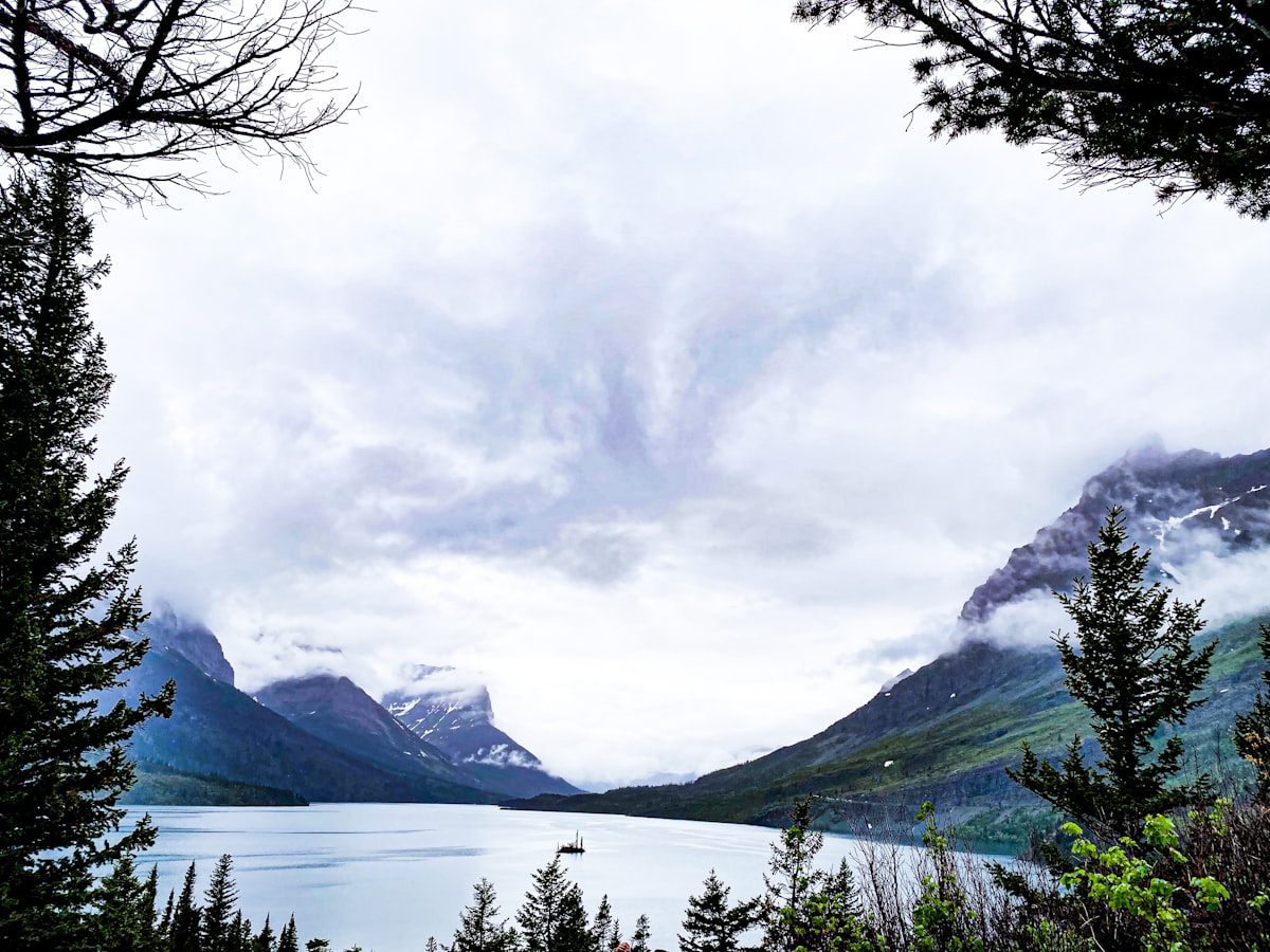 a scenic view of a lake surrounded by mountains