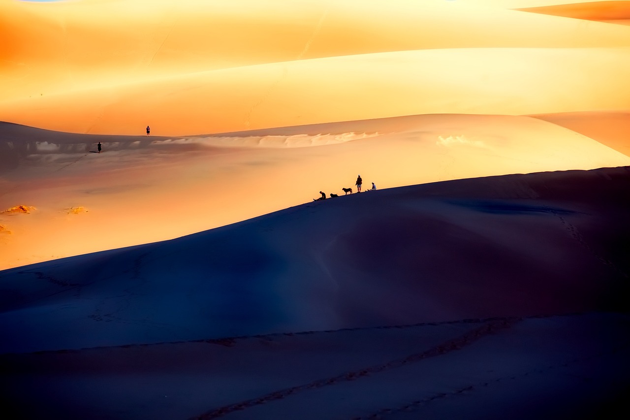 great sand dunes, national park, silhouettes, tourism, barren, landscape, sky, clouds, figures, nature, outdoors, sunset, sunrise
