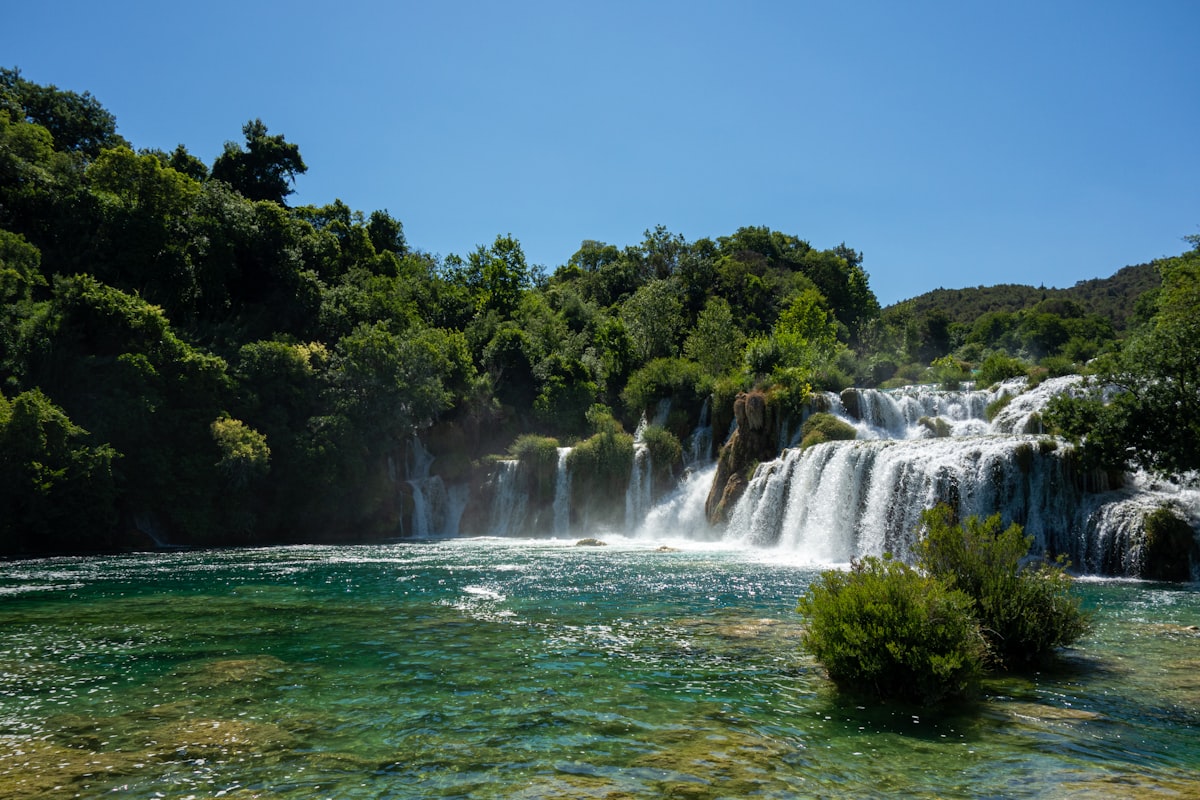 waterfalls near green trees under blue sky during daytime