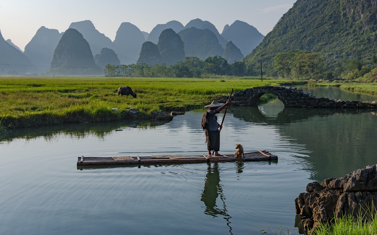 river, fishermen, bridge, nature, mountains, guilin, china, countryside, landscape