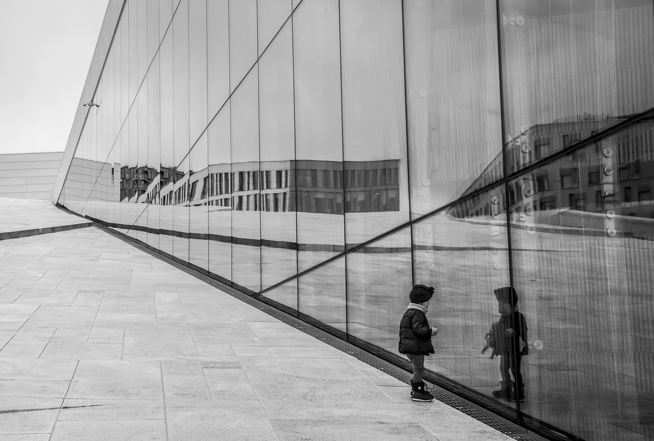 child, building, outside, little girl, reflection, glass outer side, opera house, oslo, norway, scandinavia, black-white, visitoslo, child, oslo, oslo, oslo, oslo, oslo, norway