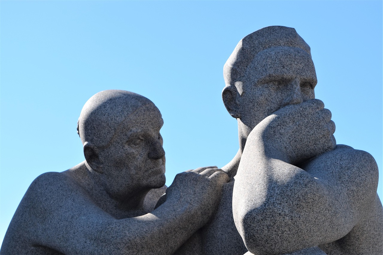 statues, sculpture, oslo, vigeland, park, norway, fogner, blue sky, sadness, comforting, emotion, support, worry, partner, sad, stare, thought provoking, anguish, blue support, worry, worry, worry, thought provoking, anguish, anguish, anguish, anguish, anguish