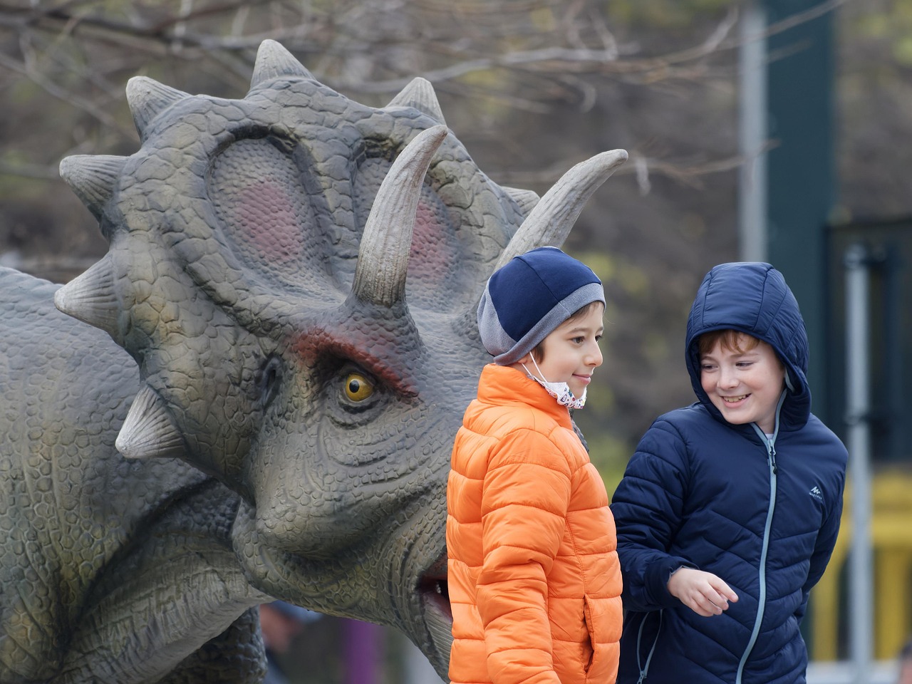 children, kids, happy, park, fun, prehistoric animal, horns, museum