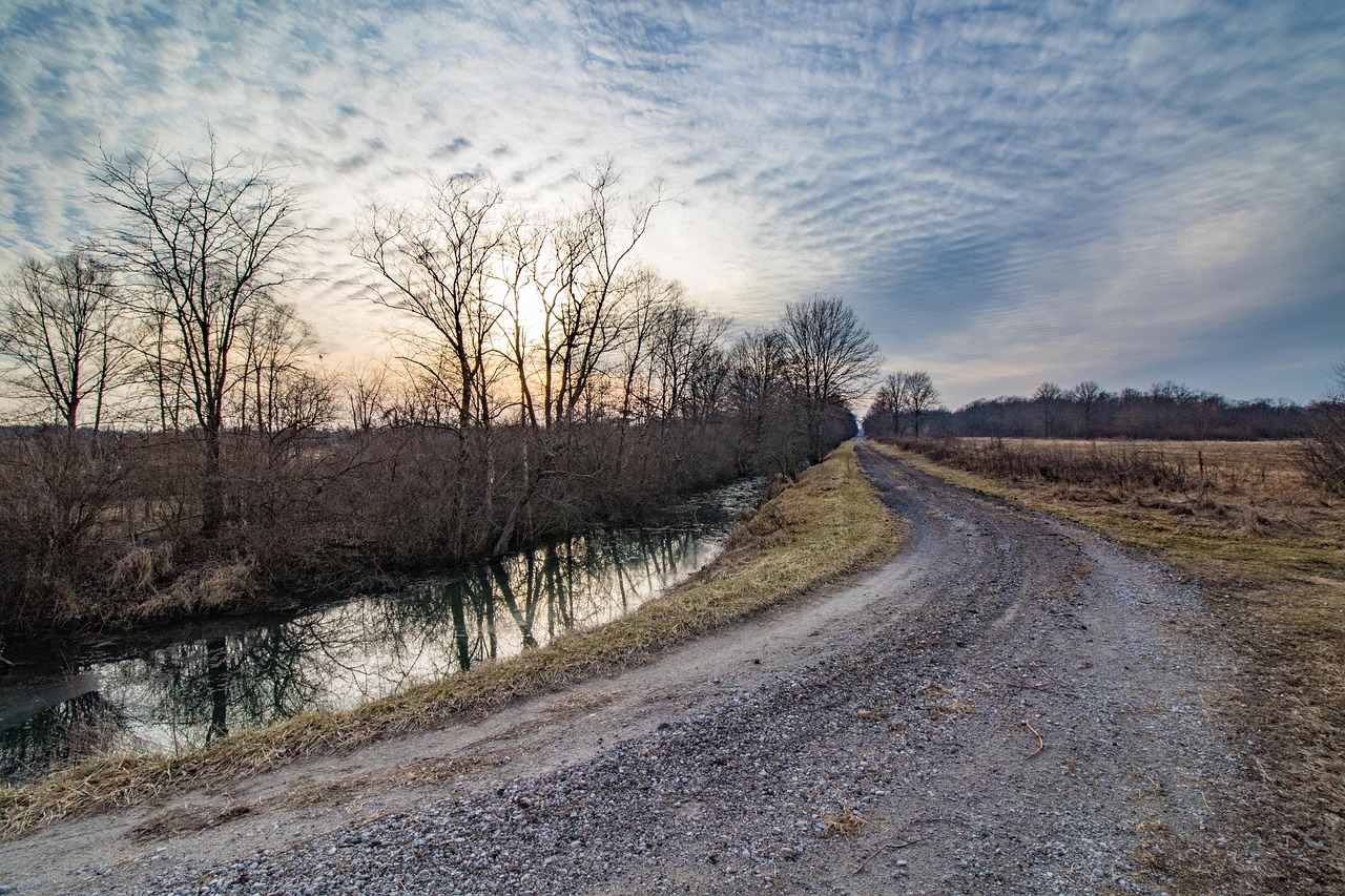 road, sky, sunset, waterway, gravel, curved, cirrocumulus, clouds, nature, park, path, field, country, sun, horizon, travel, landscape, indiana, parks, kankakee river, state park, indiana, indiana, indiana, indiana, indiana