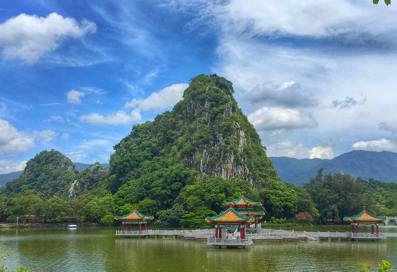 china, nature, zhaoqing, seven star rock, lake, pavilion, mountain