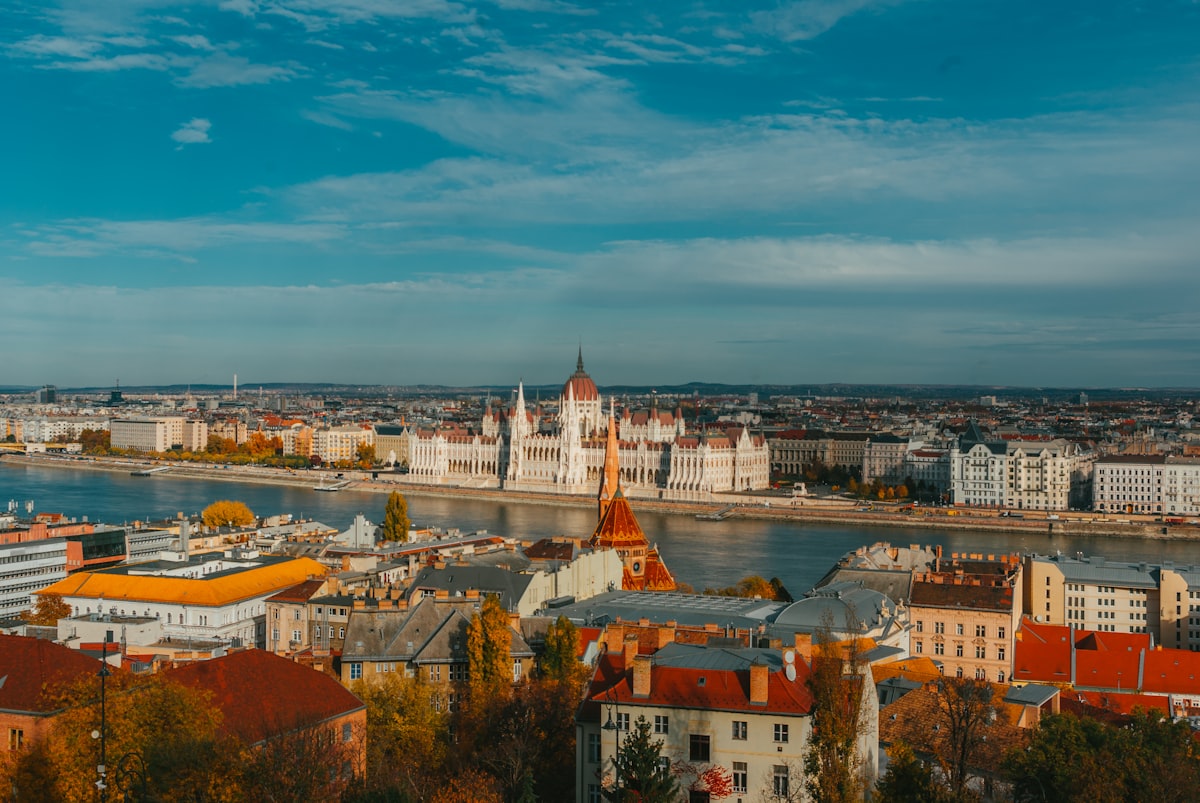 a view of a city with a river running through it