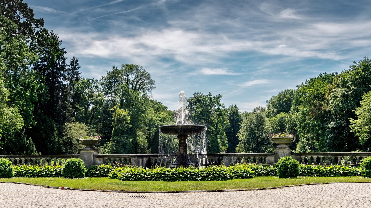 tree, summer, grass, nature, lawn, fountain, palace garden