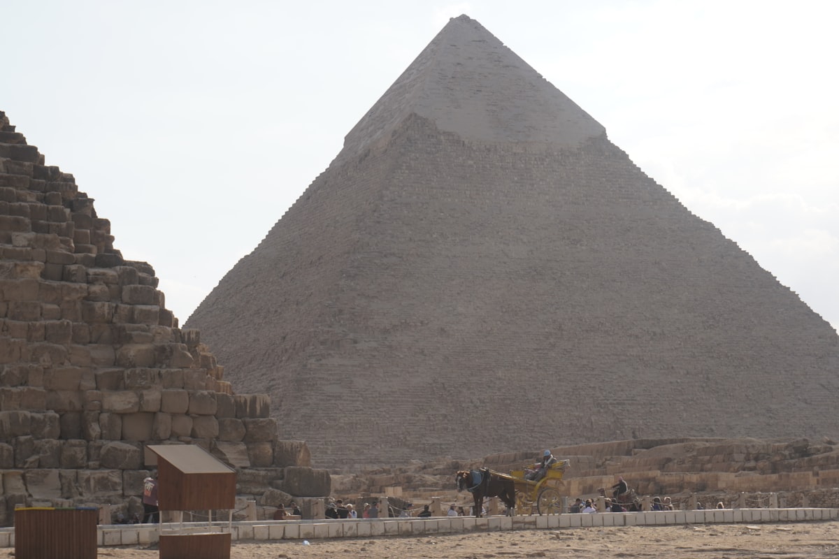 A group of people standing in front of two pyramids