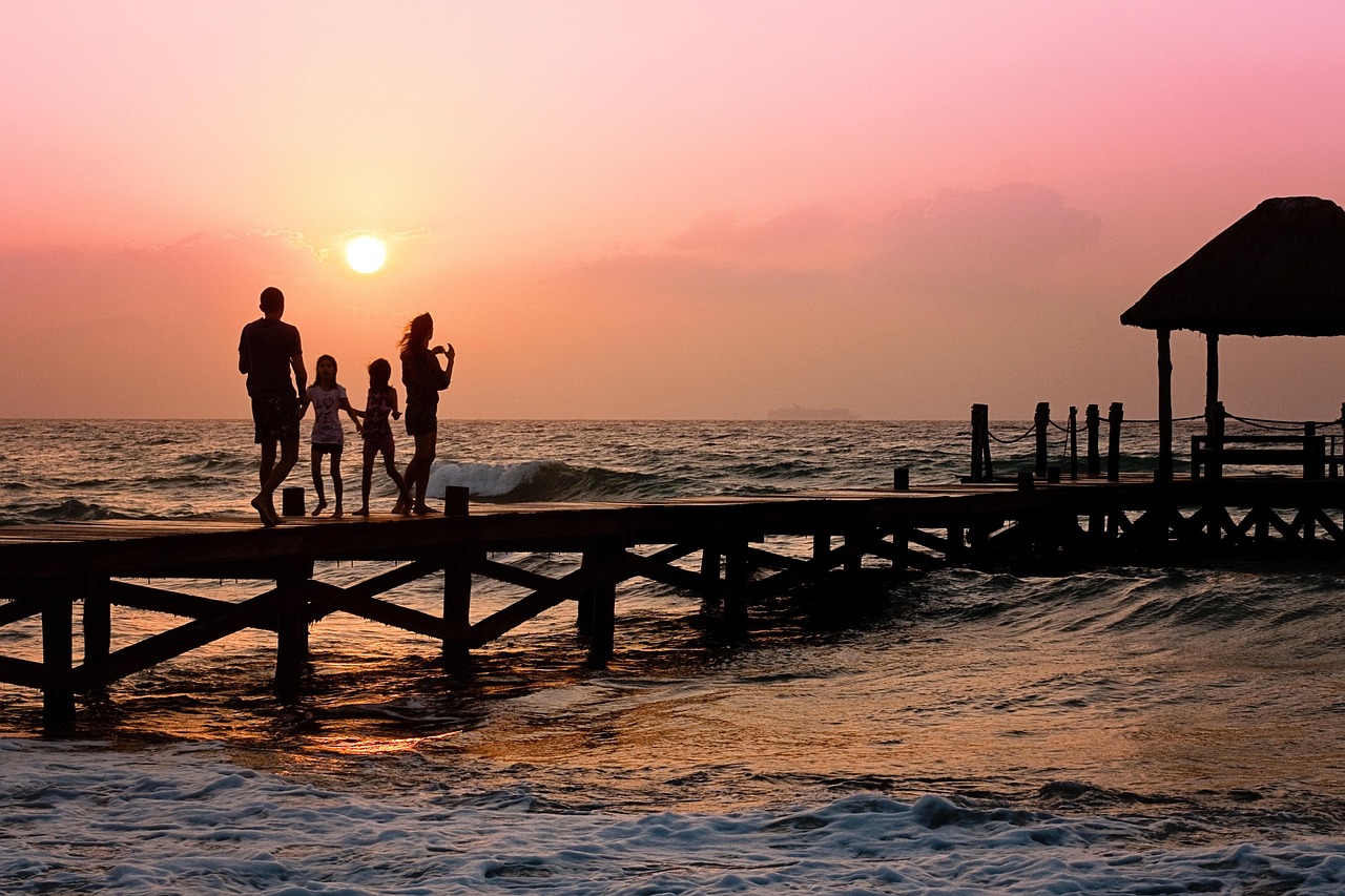 family, pier, man, woman, children, happy, holiday, silhouette, sunrise, dock, nature, beach