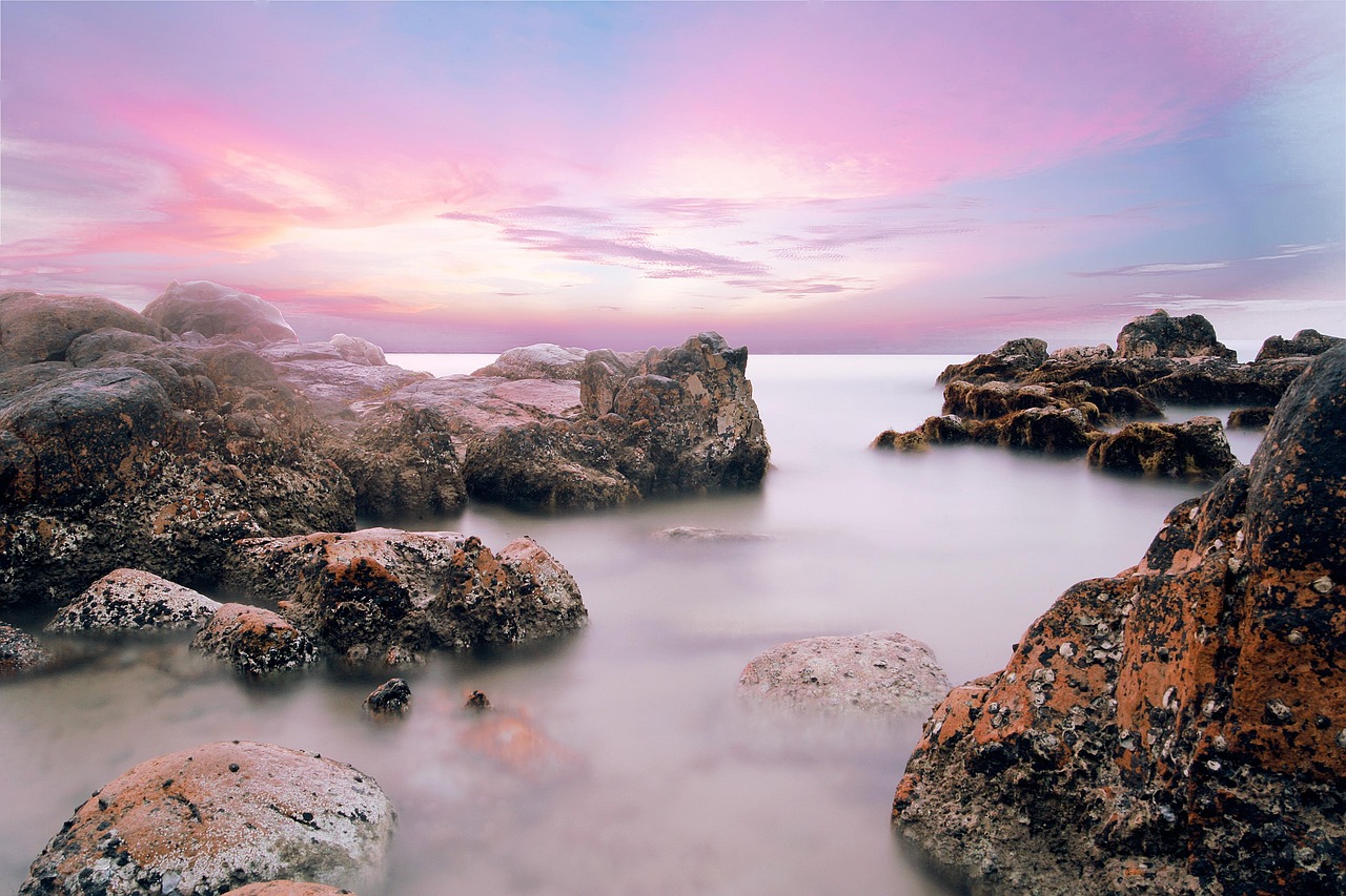 beach, water, stones, long exposure, vietnam, nature, haze, sea, ocean, shore, coast, rocks, rocky beach, rocky shore, rocky coast, sunset, dusk, twilight, afterglow