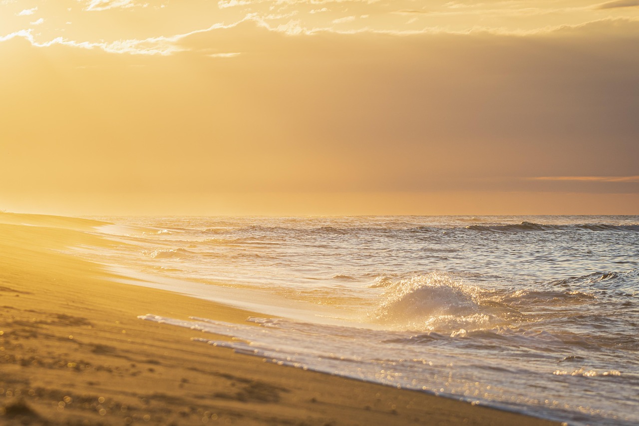 beach, sunrise, sea, shore, sand, sandy beach, seashore, coast, coastline, shoreline, waves, ocean waves, seascape, horizon, sunset, dusk, dawn, twilight, ocean, water, sky, nature, tropical