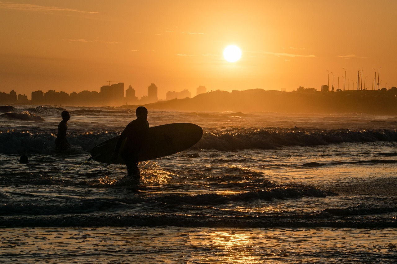 sea, surfer, sunset, silhouette, beach, nature, water, waves, surfboard, shore, coast, sun, sunlight, dusk, evening, uruguay