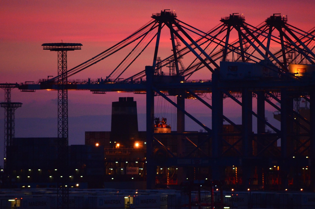 port, container port, nature, industry, port area, sunset, heaven, red, glow, handling facility, container cranes, port cranes