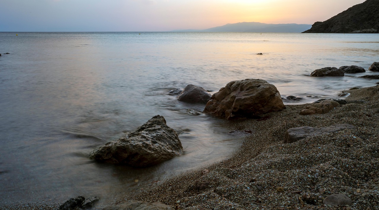 cabo de gata, beach, sunset, ocean, sea, landscape, seascape, almeria, andalusia, spain, rocks, coast, sand, nature