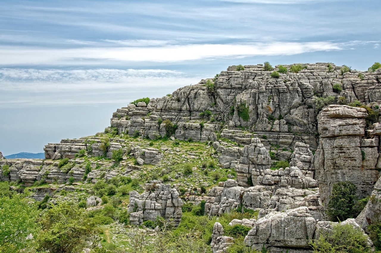 spain, andalusia, province of malaga, el torcal, paraje natural torcal de antequera, nature reserve, sierra subbetica, landscape, nature, rock, karst formations, rock formations, rock towers, rock slabs, trees, green, clouds, heaven, blue, to travel, tourism, sightseeing