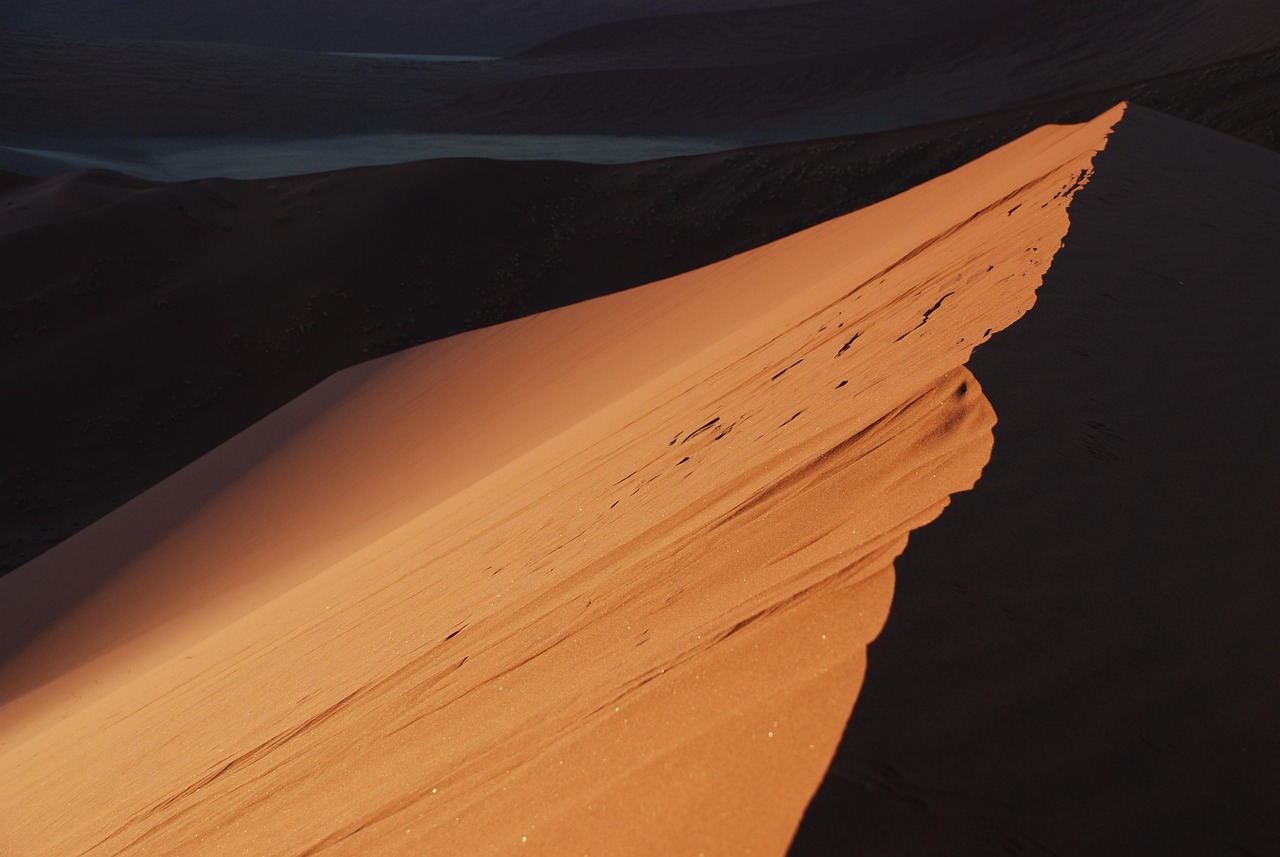 dune, sand, desert, contrast, nature, ridge, africa, namibia, sossusvlei, deserted