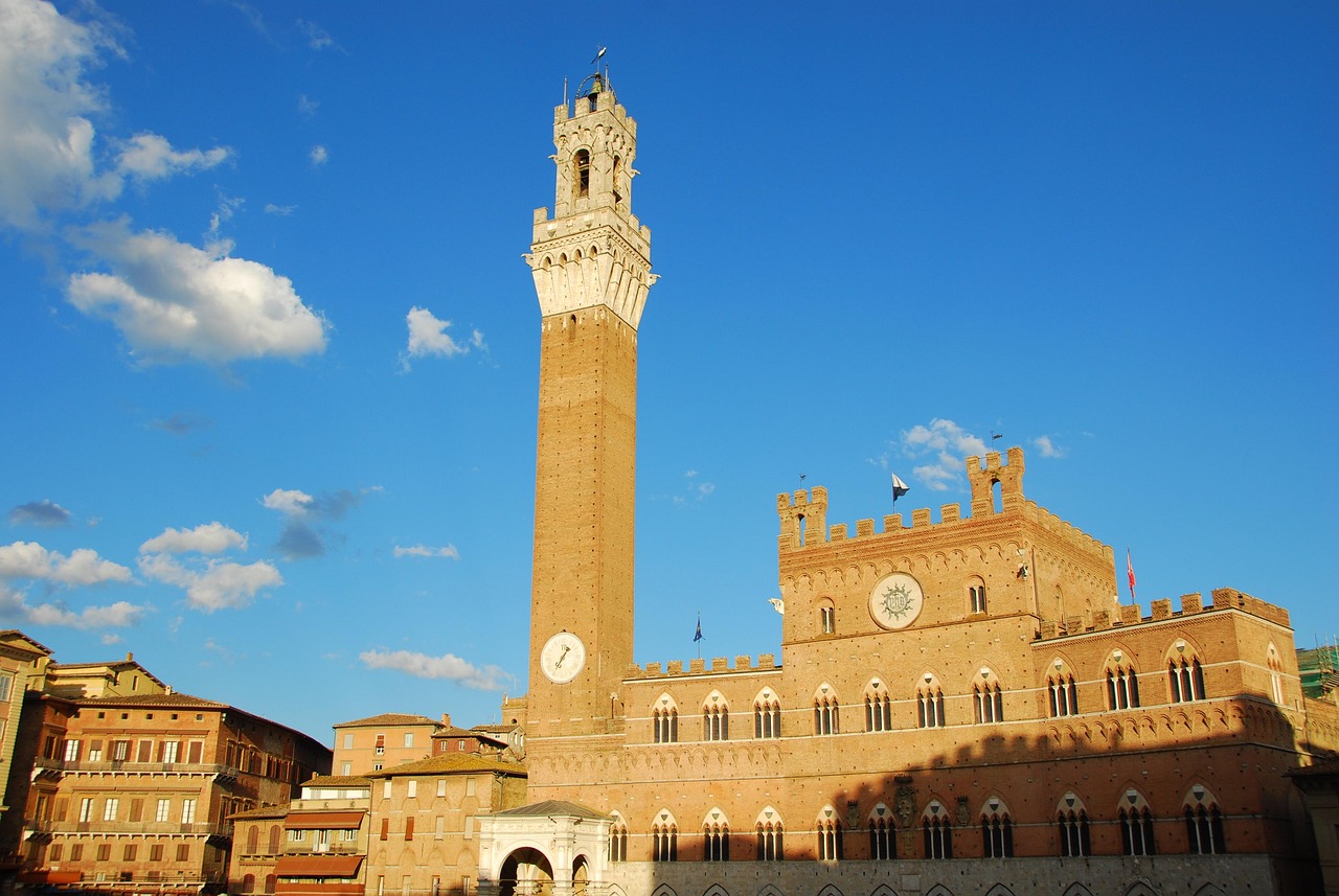 siena, piazza del campo, torre del eats, torre, tuscany, italy, nature, sky, blue, clouds, sun, square, palio, building, blue sky, prospect, piazza campo