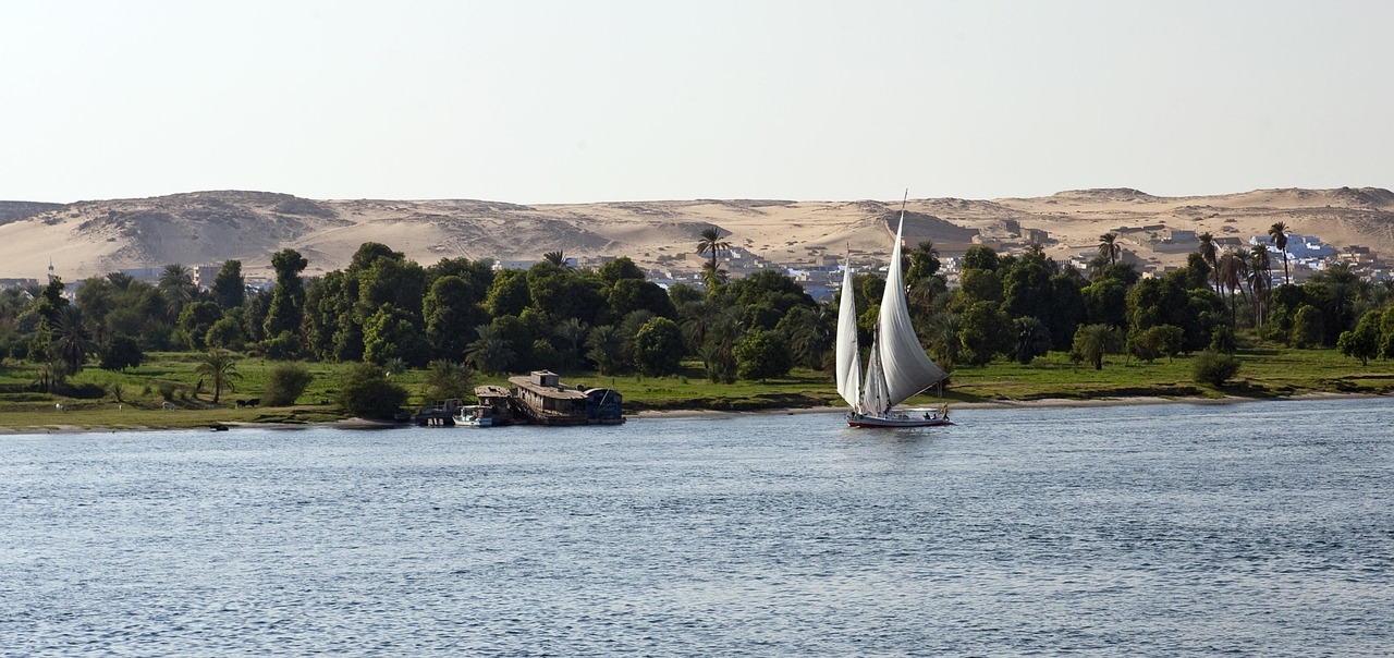 river nile, egypt, sailboat, dhow, nature, felucca, sand dunes, trees, landscape, tranquil
